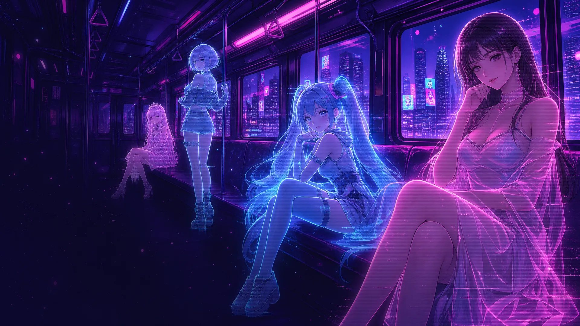 ネオンに照らされた近未来の電車内に、ホログラムのAI彼女たちが座っているイラスト